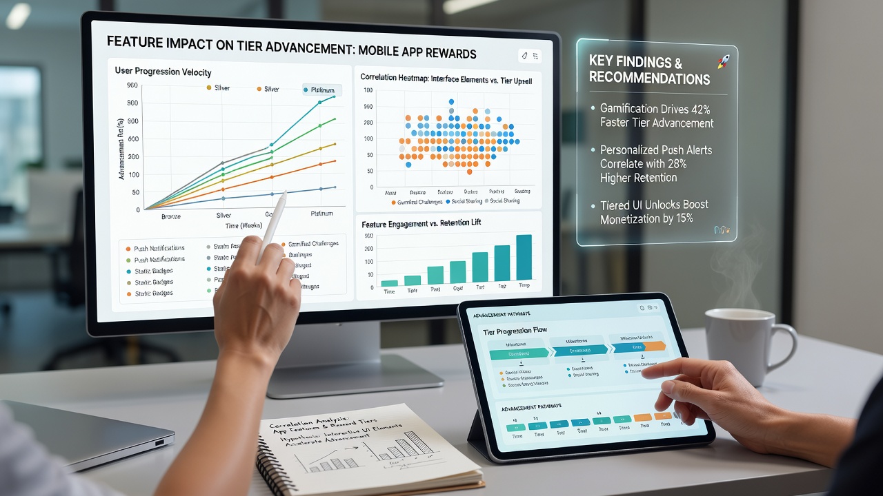 Analytics dashboard showing correlation charts between interface usage metrics and reward tier progression over time