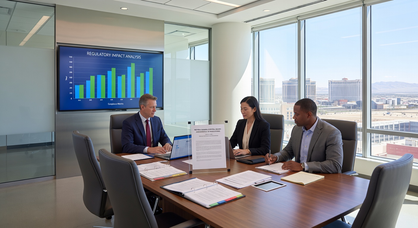 Close-up of regulatory documents and Nevada Gaming Control Board seal, illustrating the adoption of new amendments