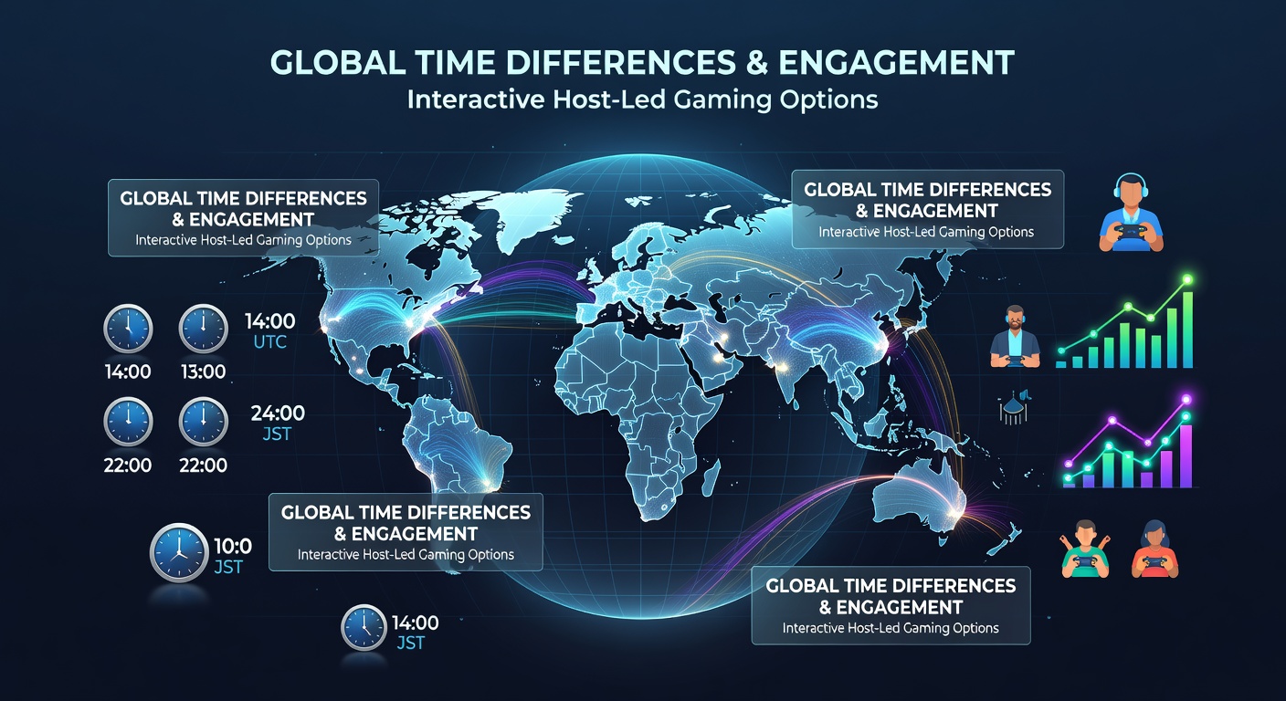 World map showing time zone divisions overlaid with gaming icons representing live host sessions across continents