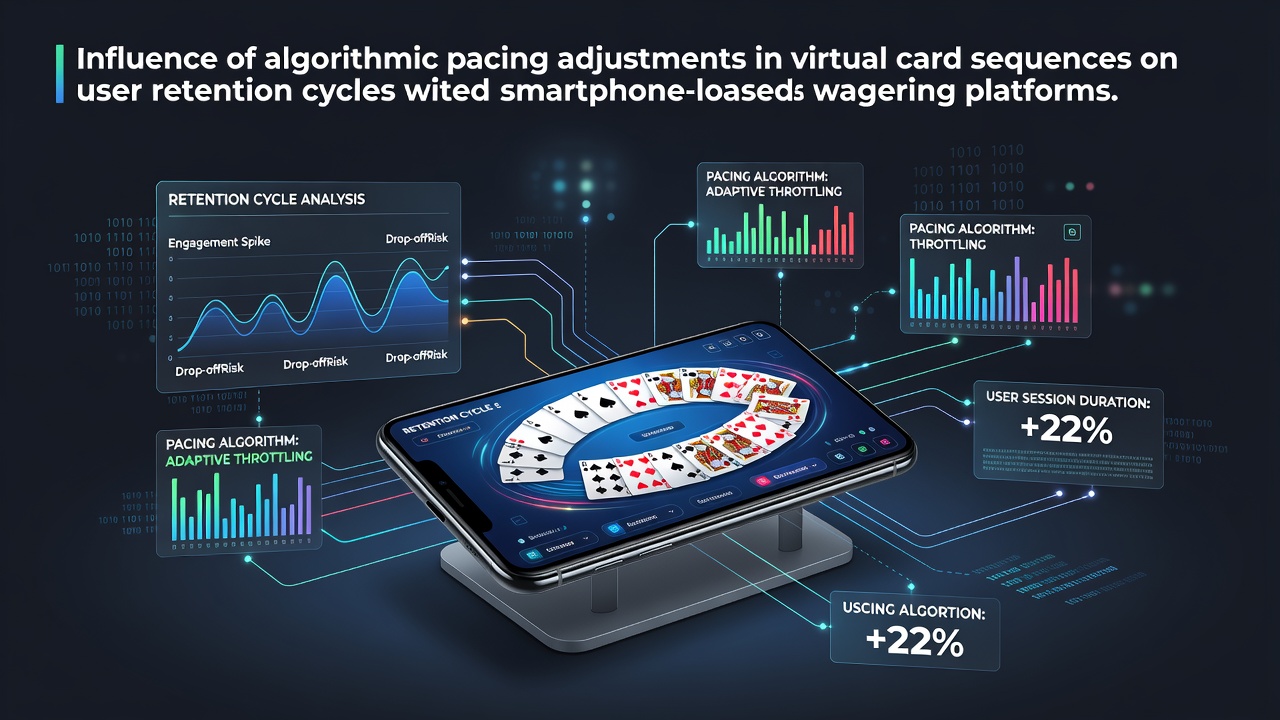 Smartphone screen displaying virtual card game interface with algorithmic pacing indicators and user retention metrics overlay