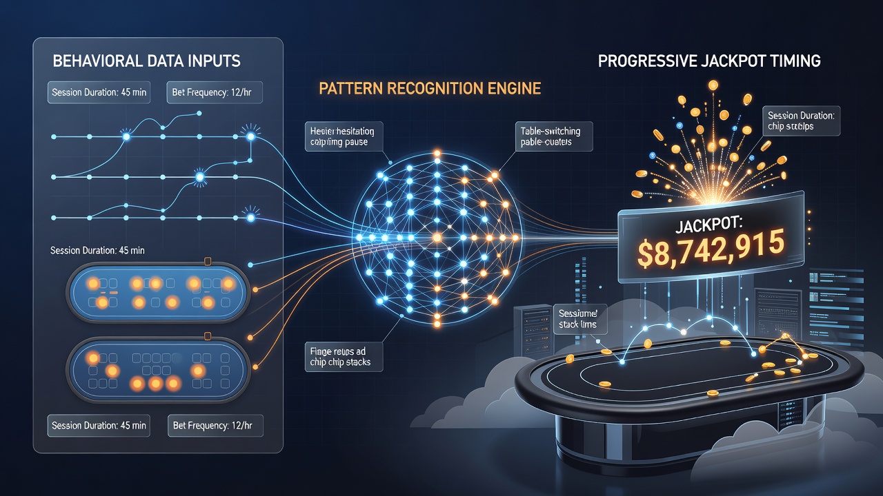 Flowchart illustrating connections between player behavior data, payment processing, and progressive jackpot release timing