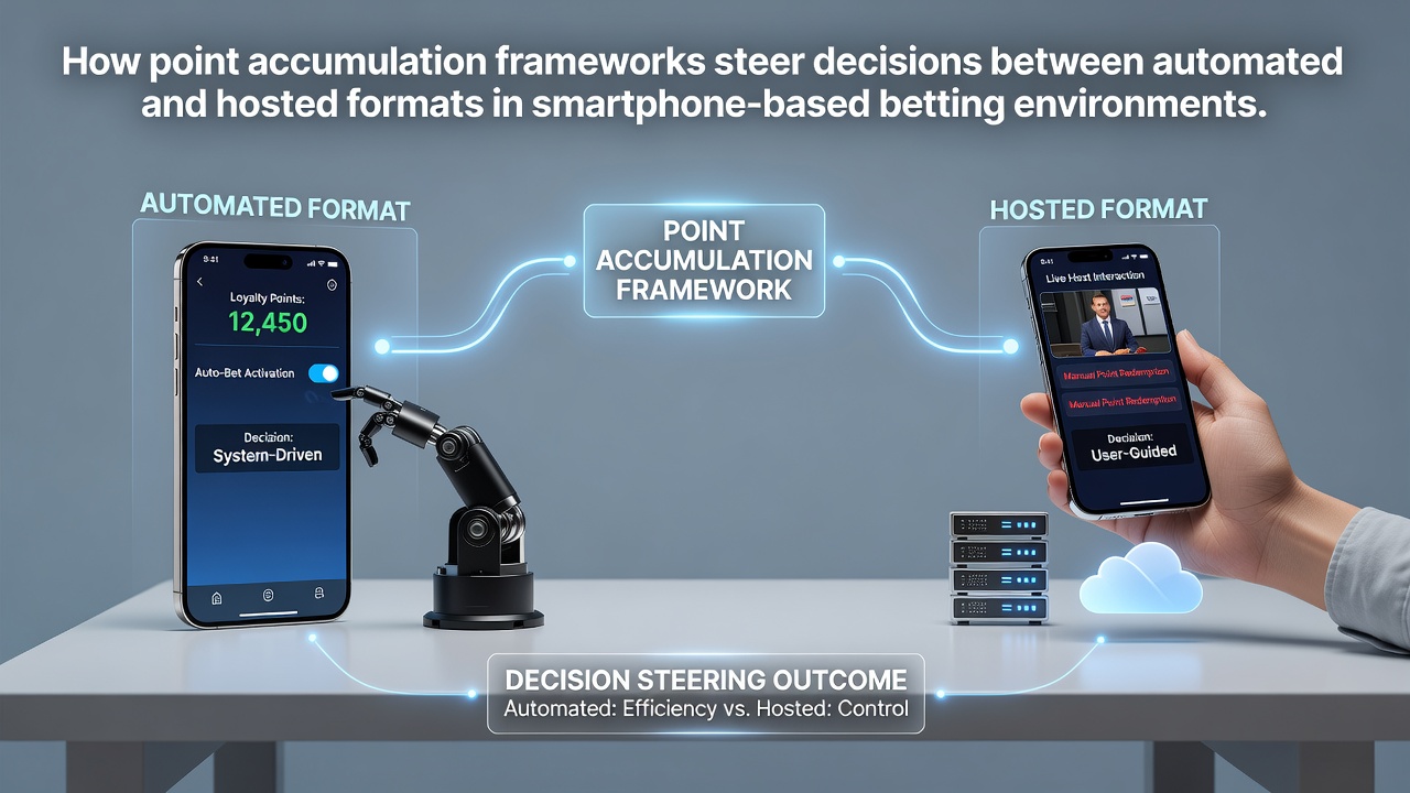 Smartphone screen displaying point accumulation dashboard alongside automated slot and live dealer table options in a mobile betting app