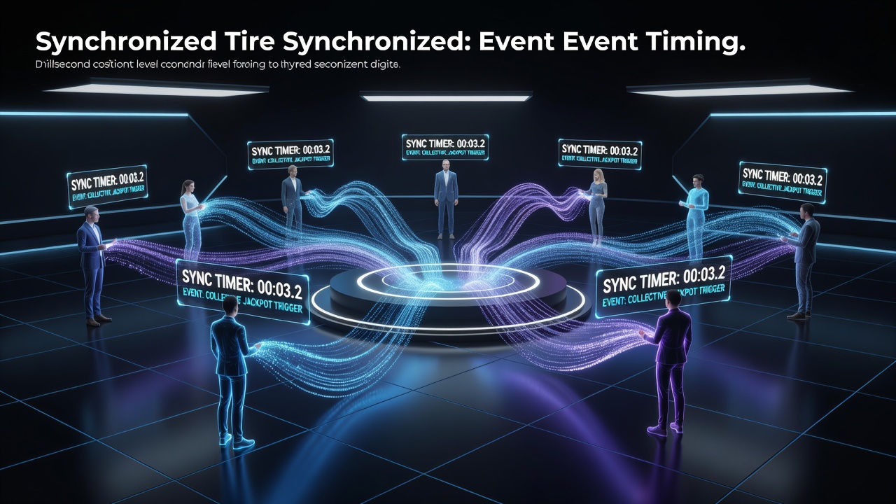 Visualization of synchronized event timing across multiple live dealer tables in a digital casino platform showing player avatars gathering around simultaneous bonus triggers