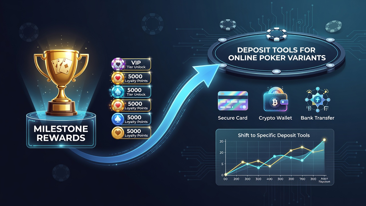 Illustration showing milestone reward tiers and deposit tool interfaces in online poker player clubs